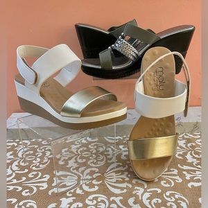 Two Pairs Sandal Heels MALU Comfort White & Gold Italian Shoemakers Silver Sz 7